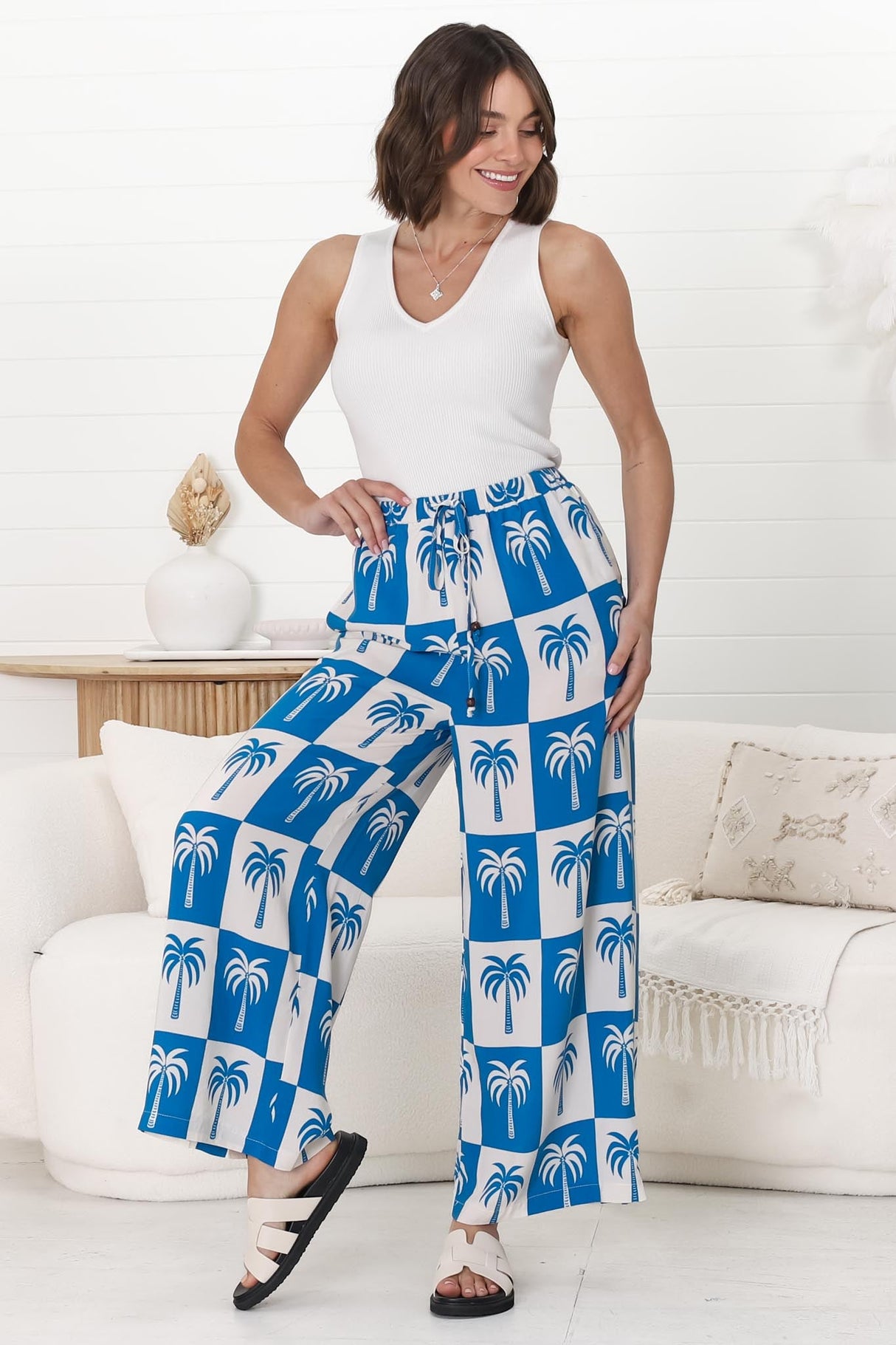 Mahina Pants - High Waisted Straight Leg Pants Nohea Print in Blue