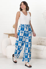 Mahina Pants - High Waisted Straight Leg Pants Nohea Print in Blue