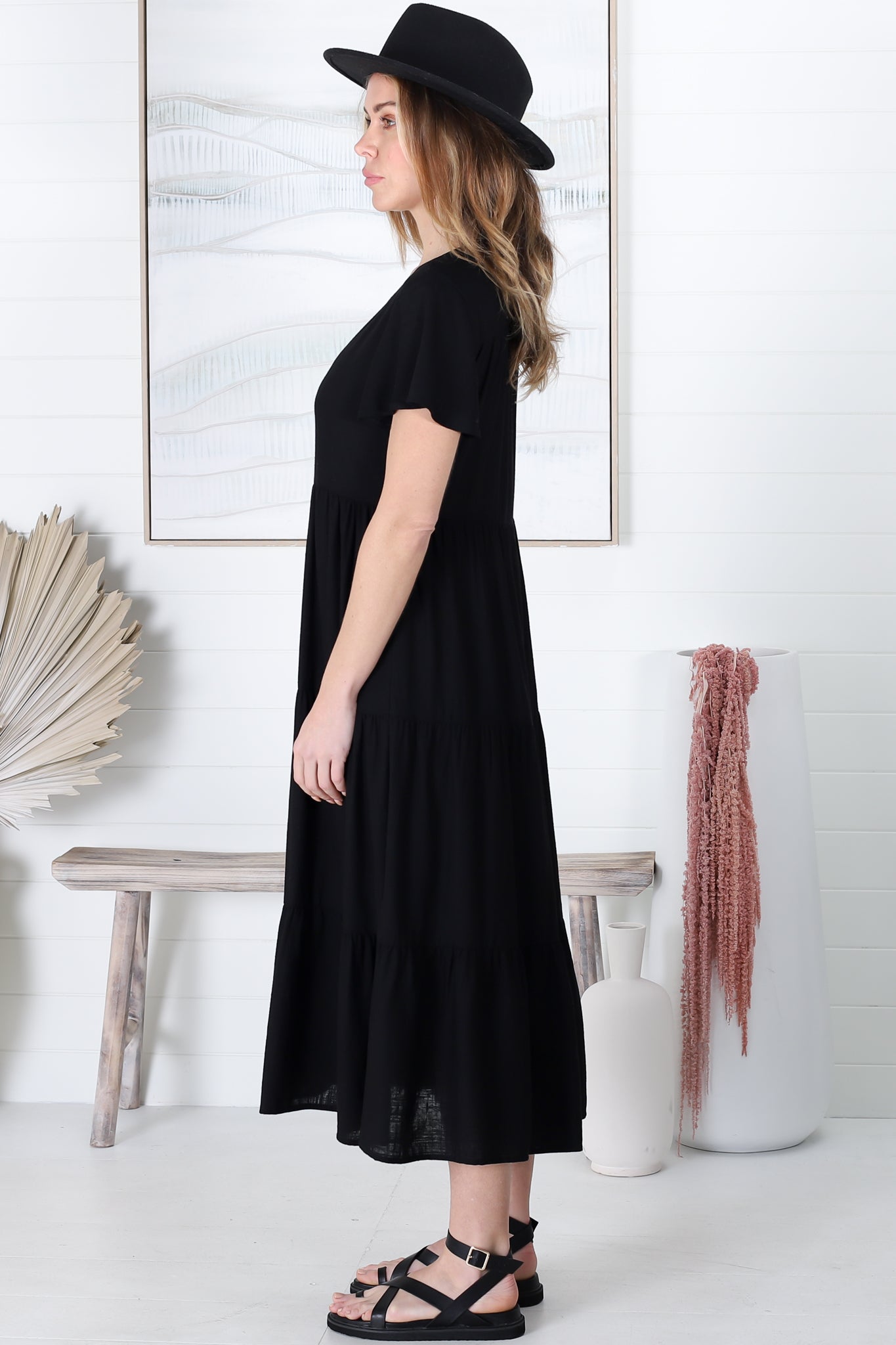 Milla Midi Dress - Tiered Cap Sleeve Button Down Linen Dress in Black