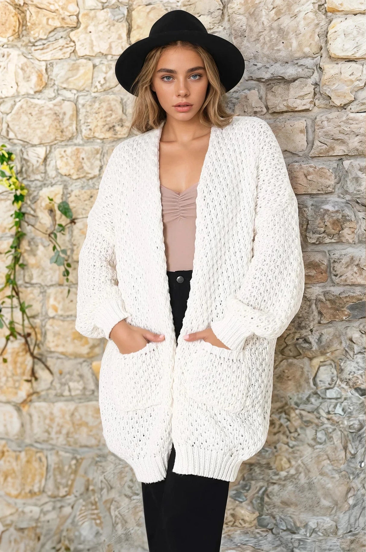 Ricki Cardigan - Open Front Chunky Knit Cardigan in Cream