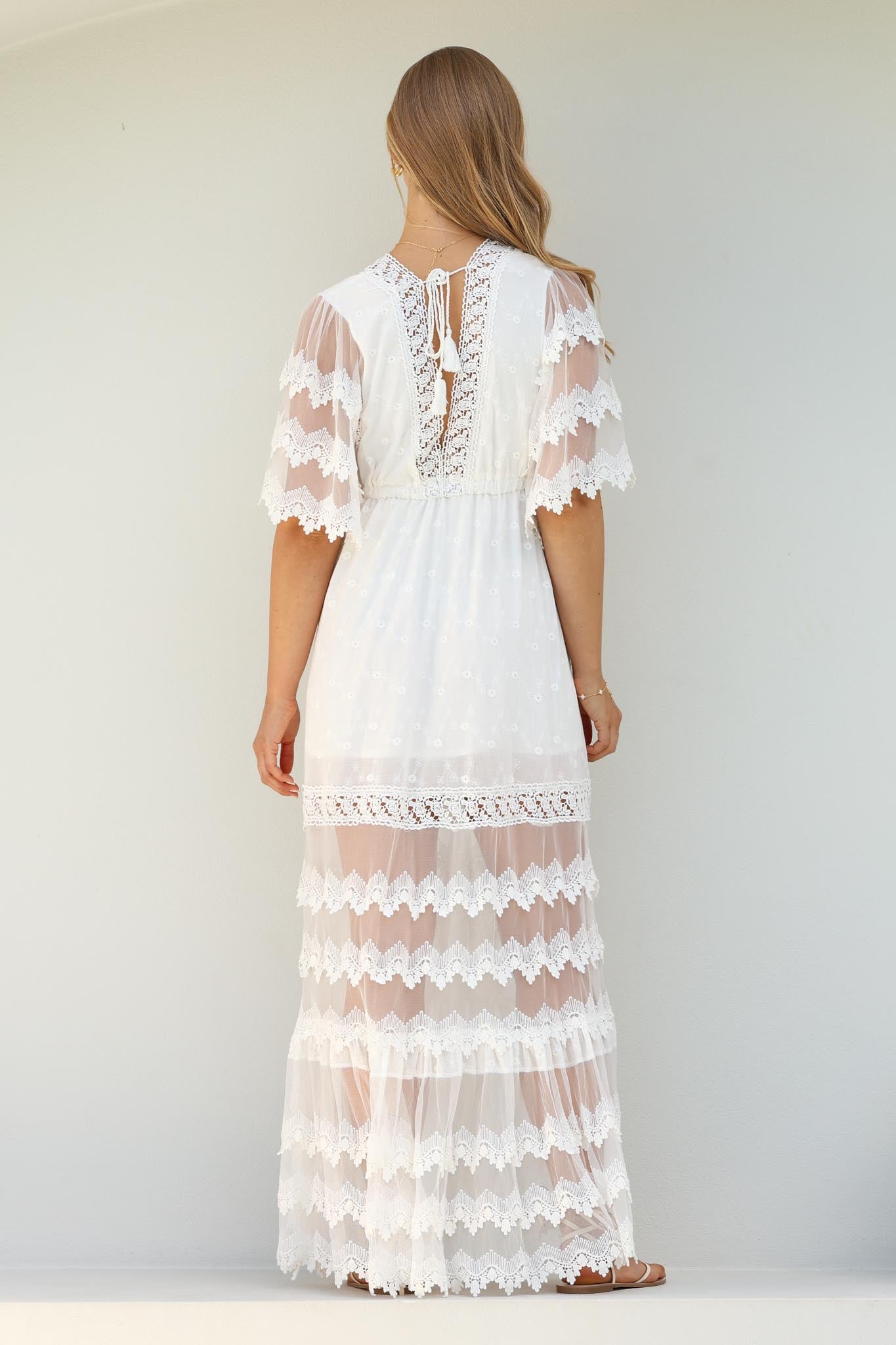 JAASE - Bungalow Maxi Dress: Embroidered Lace Deep V Neck Dress with Open Batwing Sleeves in White