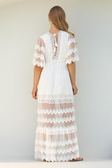 JAASE - Bungalow Maxi Dress: Embroidered Lace Deep V Neck Dress with Open Batwing Sleeves in White