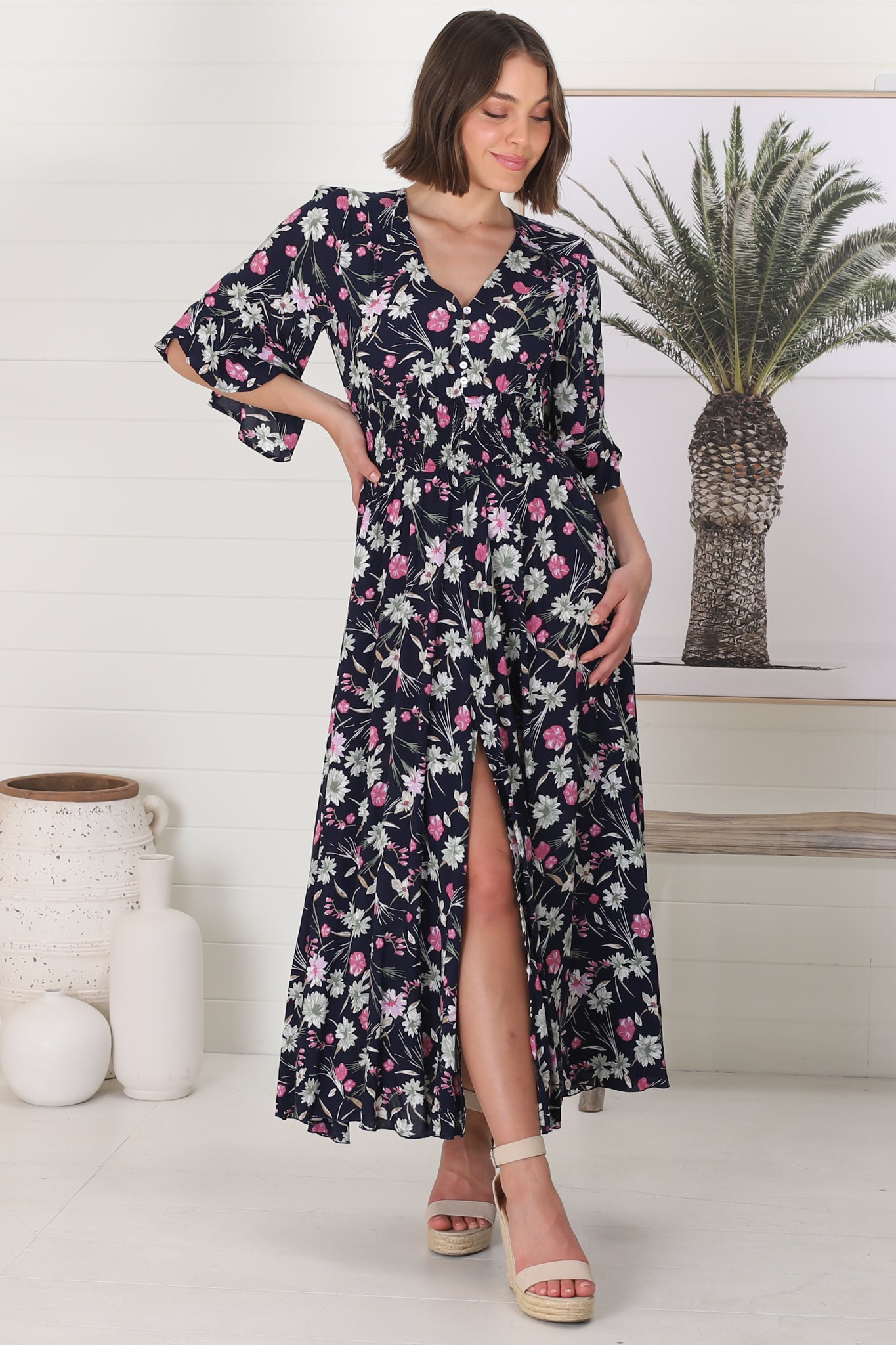 Alba Maxi Dress - Buttoned Bodie A Line Dress With Flute Sleeves In Shayla Print