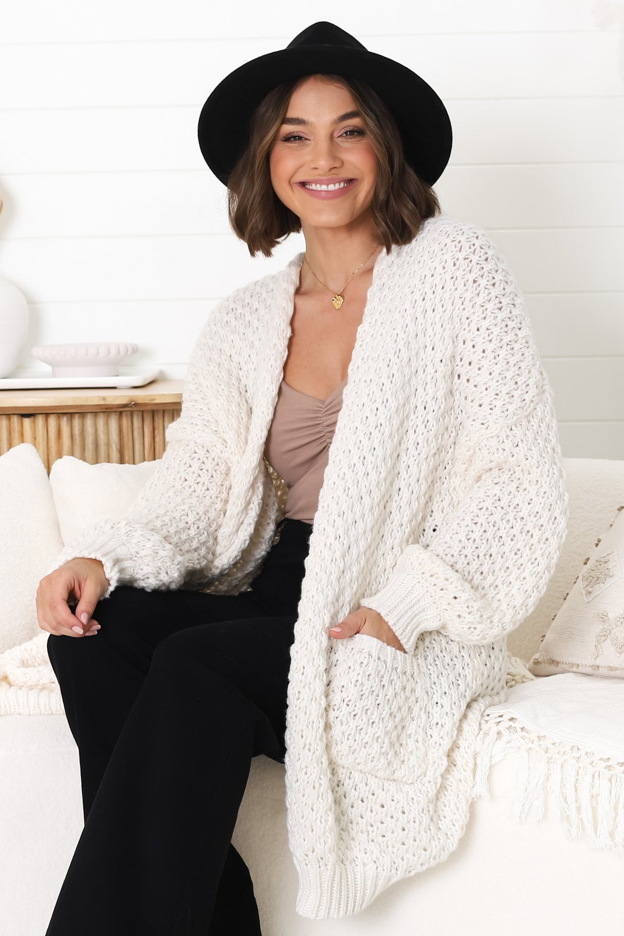 Ricki Cardigan - Open Front Chunky Knit Cardigan in Cream