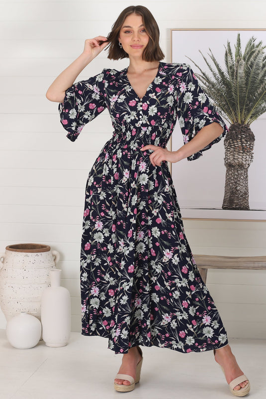 Alba Maxi Dress - Buttoned Bodie A Line Dress With Flute Sleeves In Shayla Print