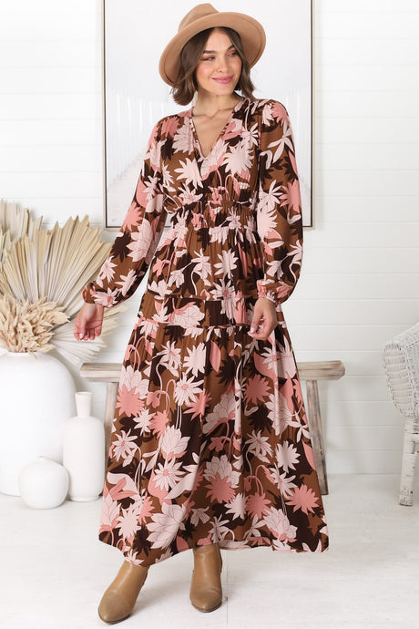 Elza Maxi Dress - A line dress with Bell Sleeves in our Ruth Print