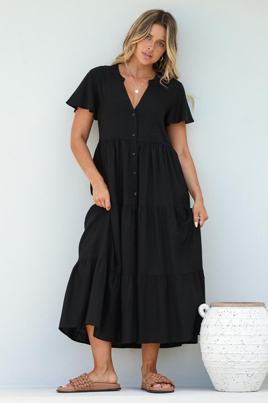 Milla Midi Dress - Tiered Cap Sleeve Button Down Linen Dress in Black