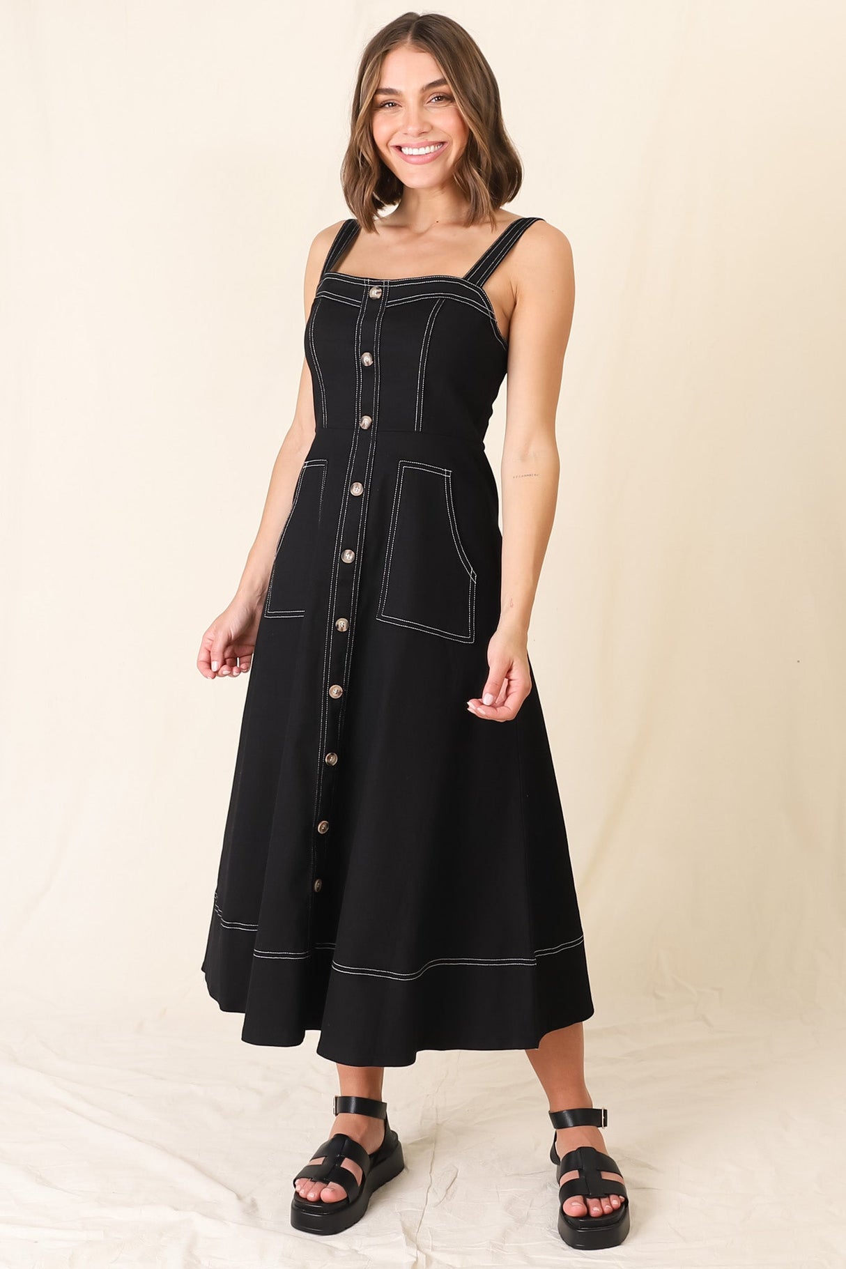 Sylvia Denim Midi Dress - Sweetheart Neckline Adjustable Strap A Line Denim Dress in Black