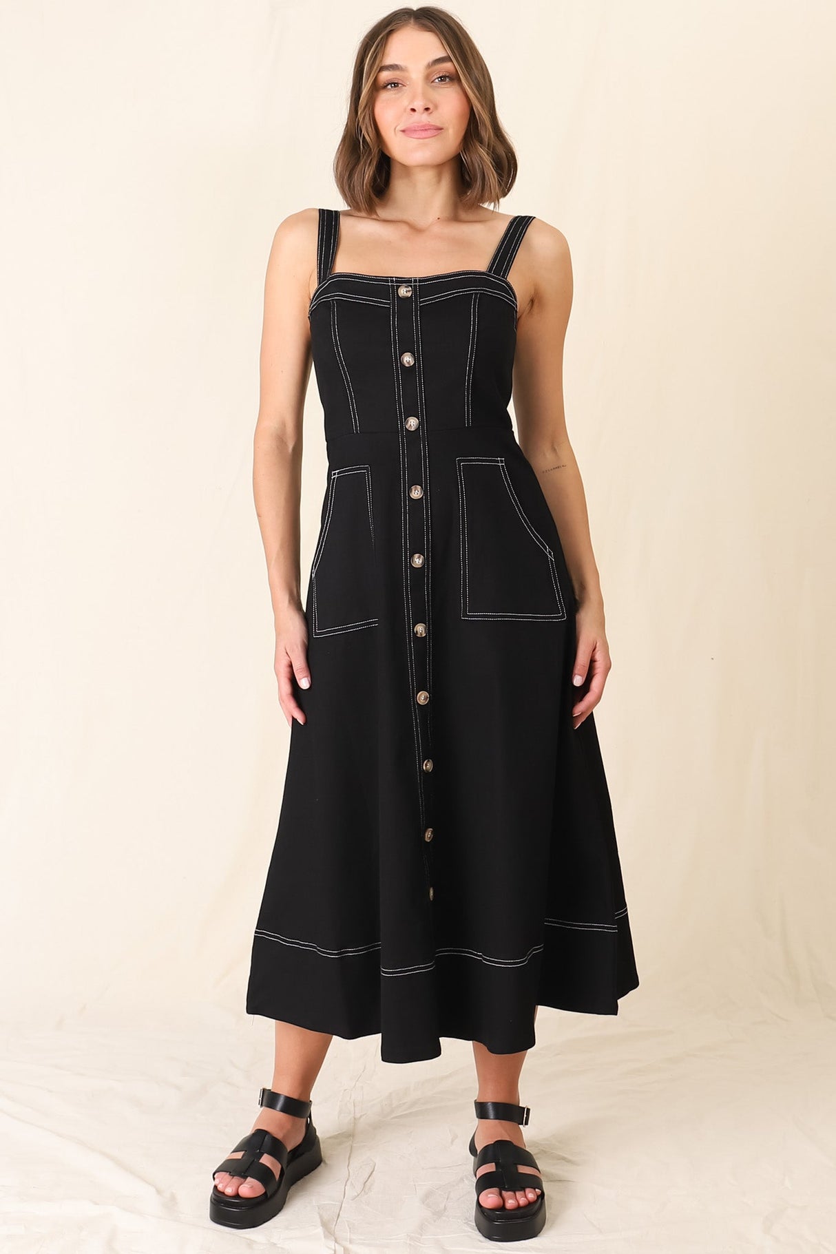 Sylvia Denim Midi Dress - Sweetheart Neckline Adjustable Strap A Line Denim Dress in Black