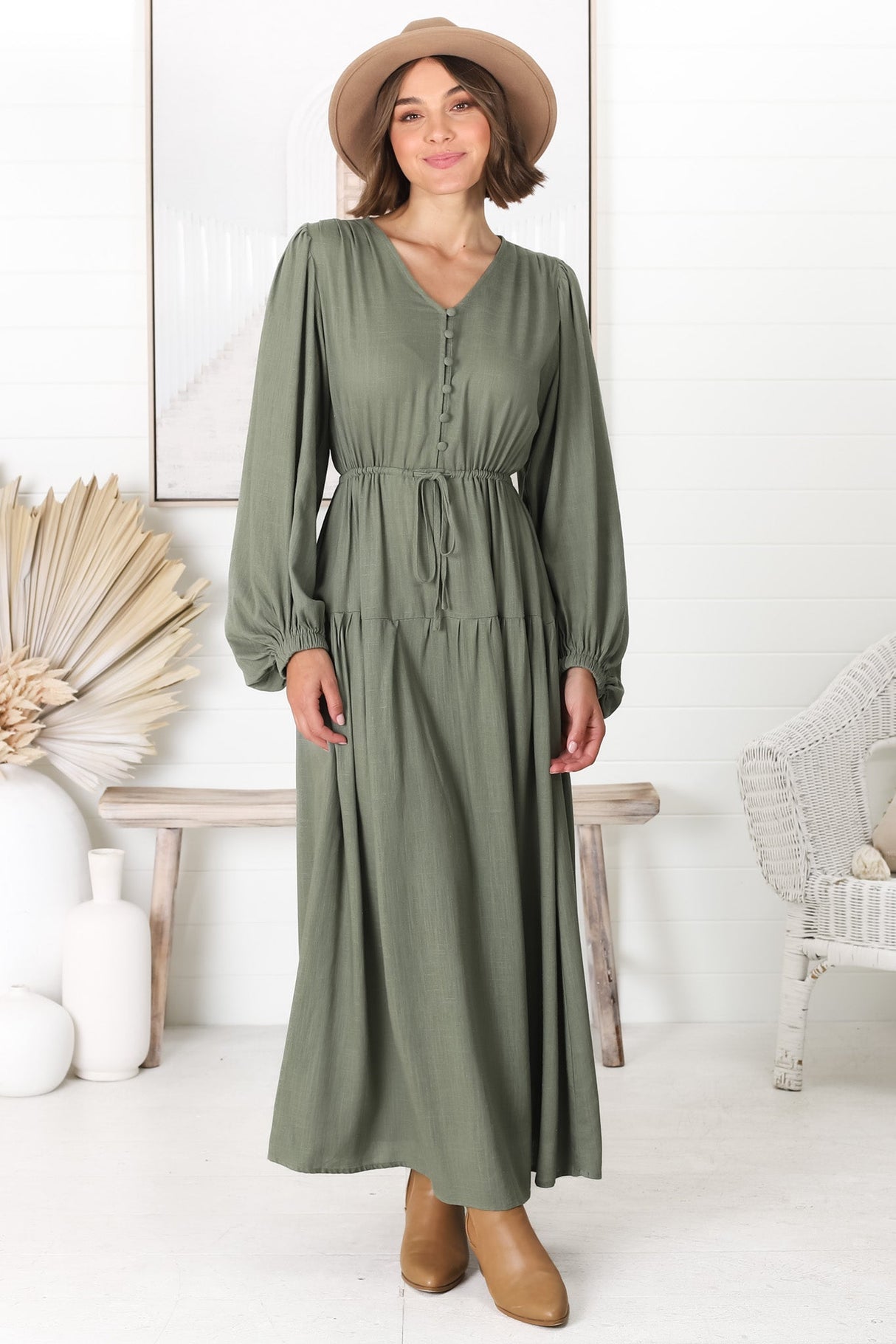 Salma Maxi Dress - Linen Blend Long Sleeve Maxi Dress in Khaki