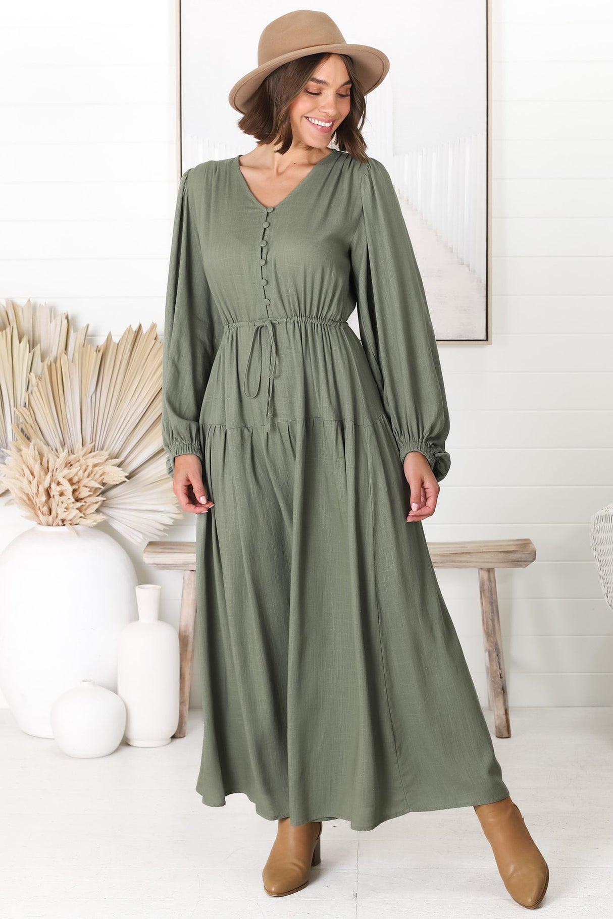 Salma Maxi Dress - Linen Blend Long Sleeve Maxi Dress in Khaki