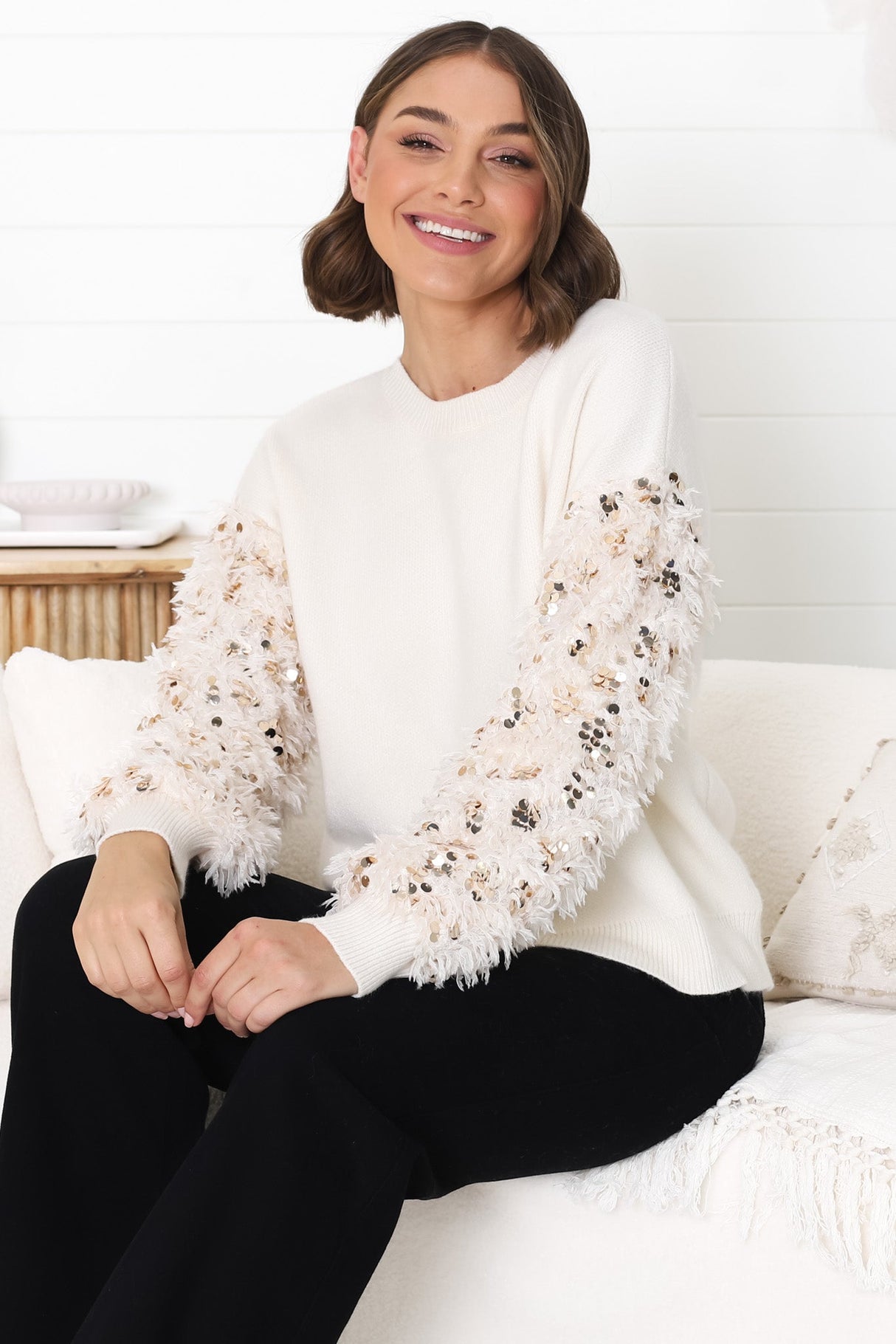 Rosa Jumper - Fluffy Sequin Long Sleeve Jumper in Cream