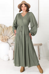 Salma Maxi Dress - Linen Blend Long Sleeve Maxi Dress in Khaki