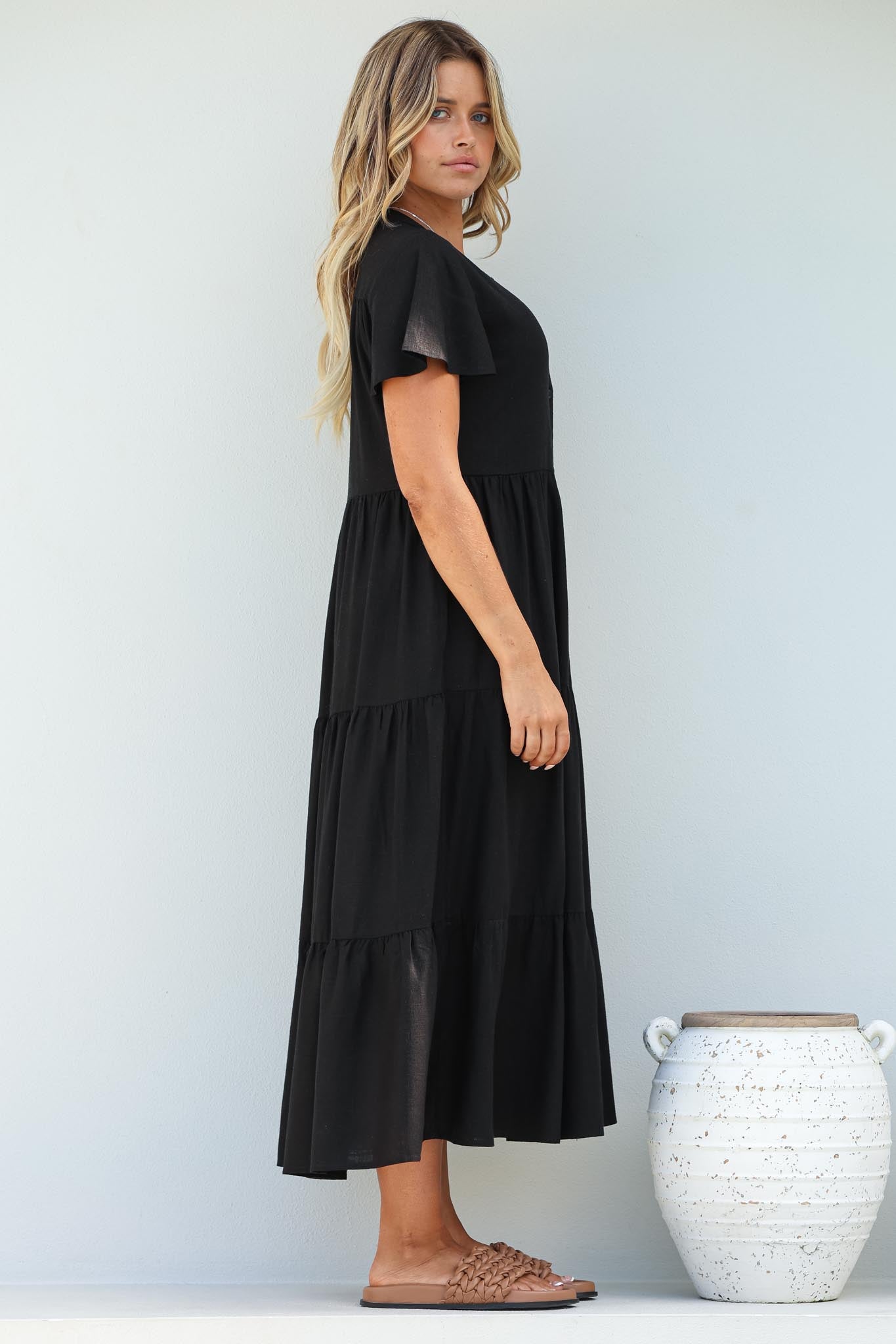 Milla Midi Dress - Tiered Cap Sleeve Button Down Linen Dress in Black