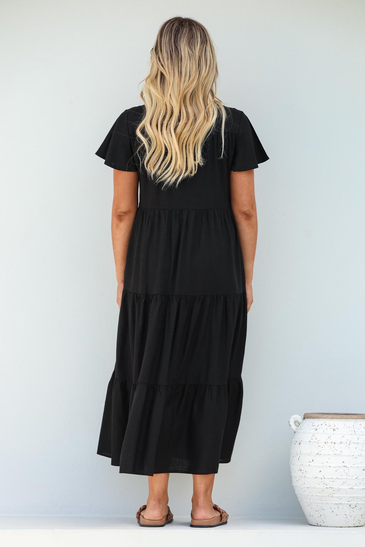 Milla Midi Dress - Tiered Cap Sleeve Button Down Linen Dress in Black