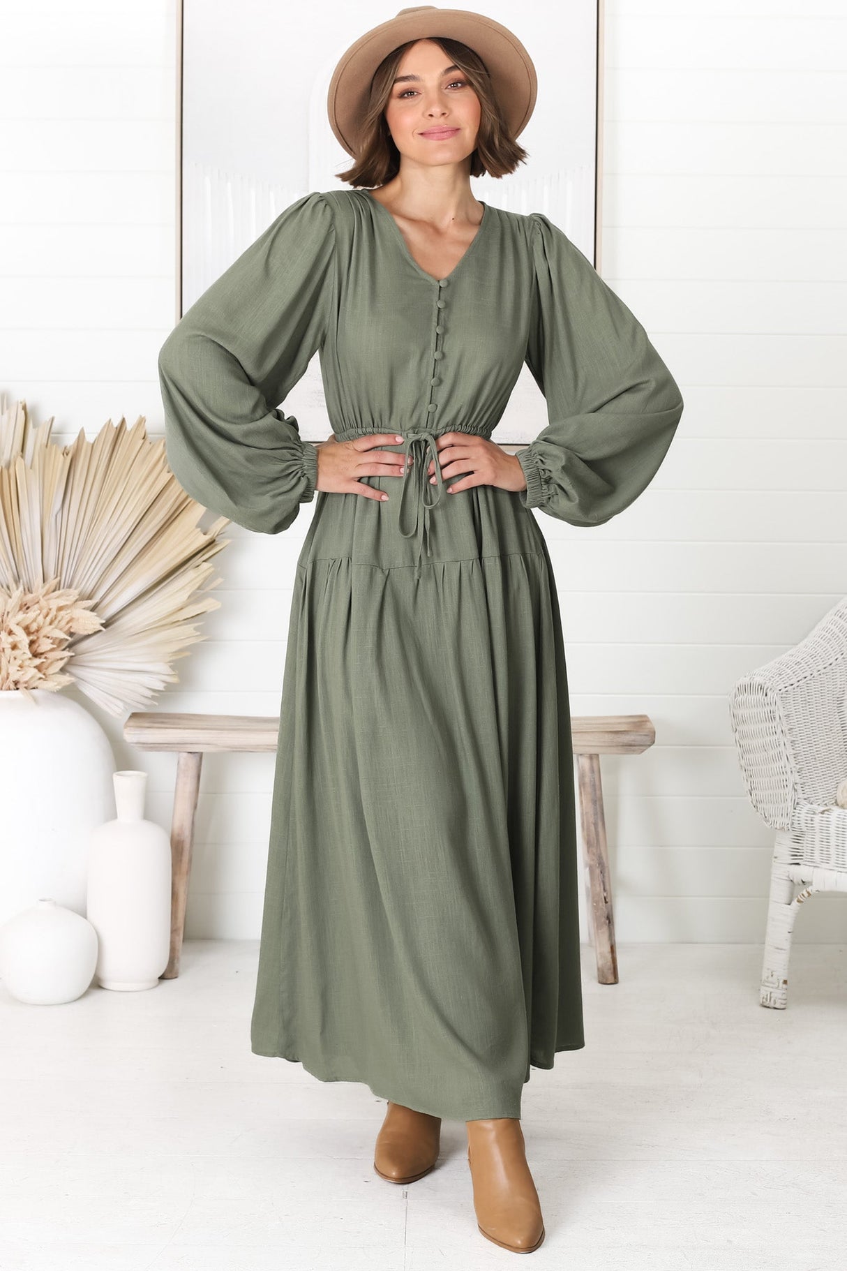 Salma Maxi Dress - Linen Blend Long Sleeve Maxi Dress in Khaki