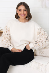 Rosa Jumper - Fluffy Sequin Long Sleeve Jumper in Cream