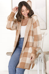 Nowel Cardigan - Hooded Checkered Cardigan with Pockets in Caramel