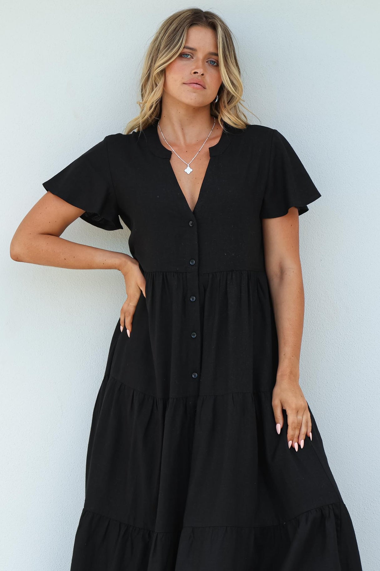 Milla Midi Dress - Tiered Cap Sleeve Button Down Linen Dress in Black