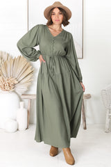 Salma Maxi Dress - Linen Blend Long Sleeve Maxi Dress in Khaki