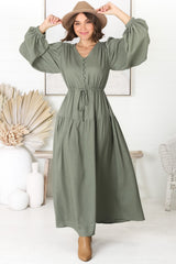 Salma Maxi Dress - Linen Blend Long Sleeve Maxi Dress in Khaki