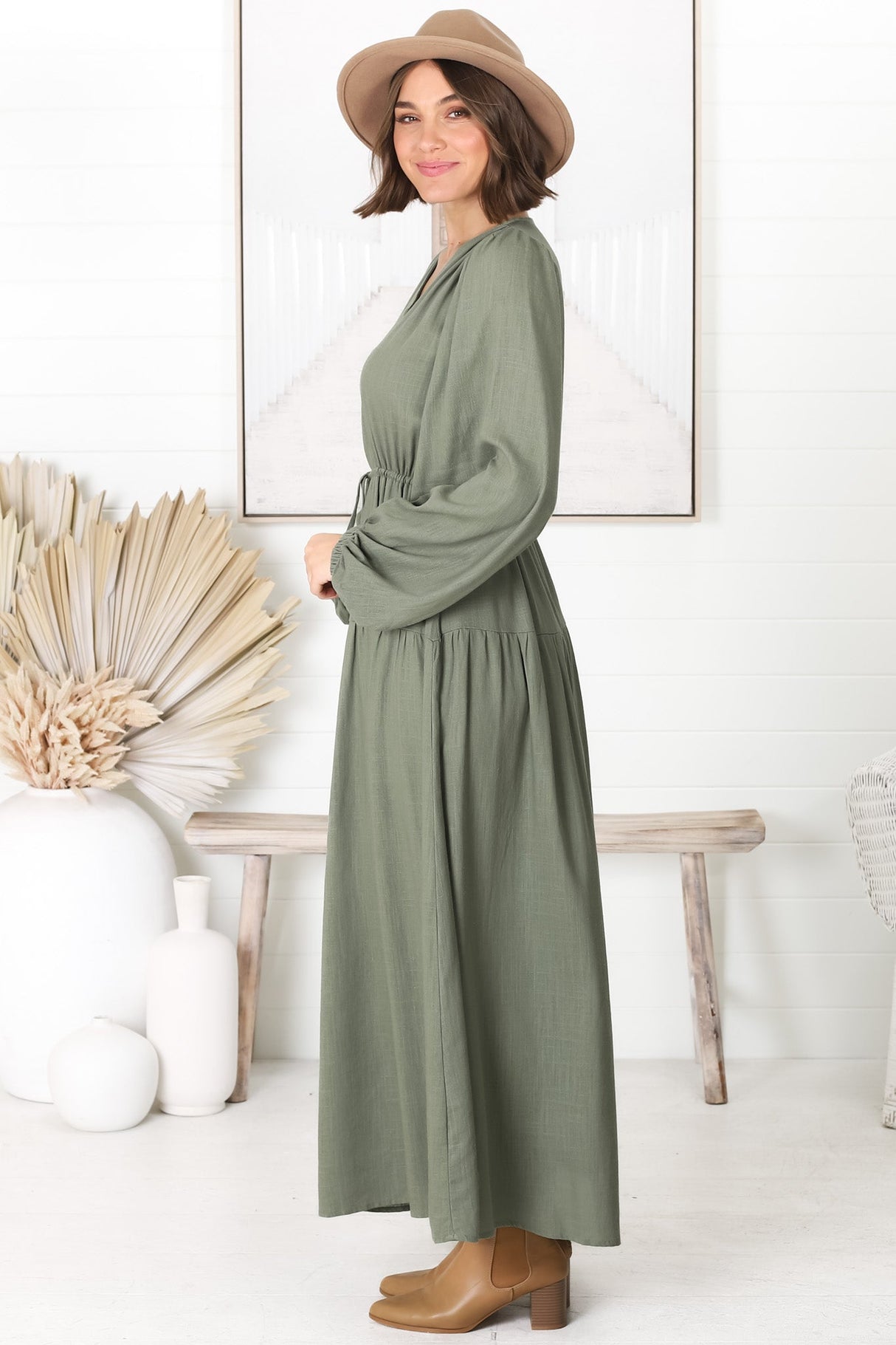 Salma Maxi Dress - Linen Blend Long Sleeve Maxi Dress in Khaki