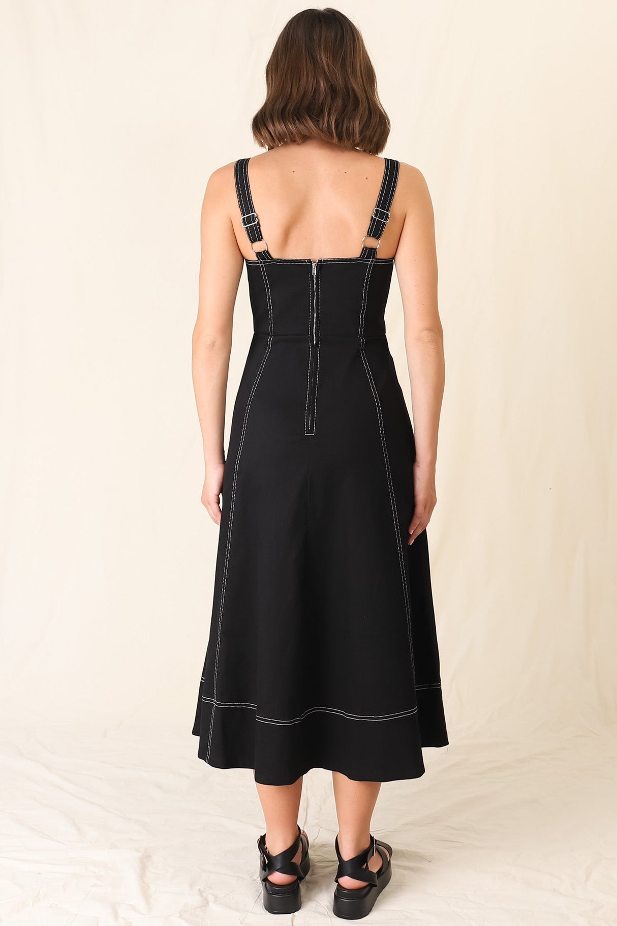 Sylvia Denim Midi Dress - Sweetheart Neckline Adjustable Strap A Line Denim Dress in Black