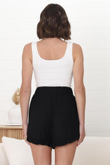 Nolan Shorts - High Waist Frill Hemline Shorts with Pockets in Black