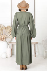 Salma Maxi Dress - Linen Blend Long Sleeve Maxi Dress in Khaki