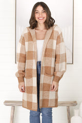 Nowel Cardigan - Hooded Checkered Cardigan with Pockets in Caramel