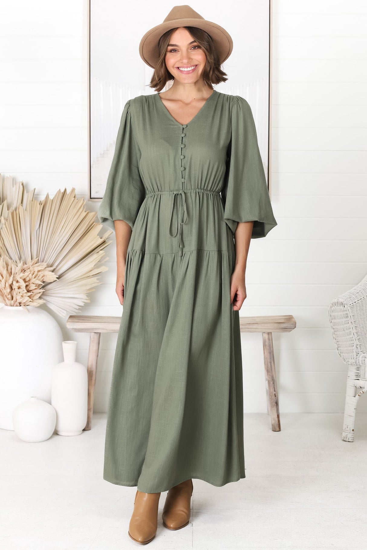 Salma Maxi Dress - Linen Blend Long Sleeve Maxi Dress in Khaki