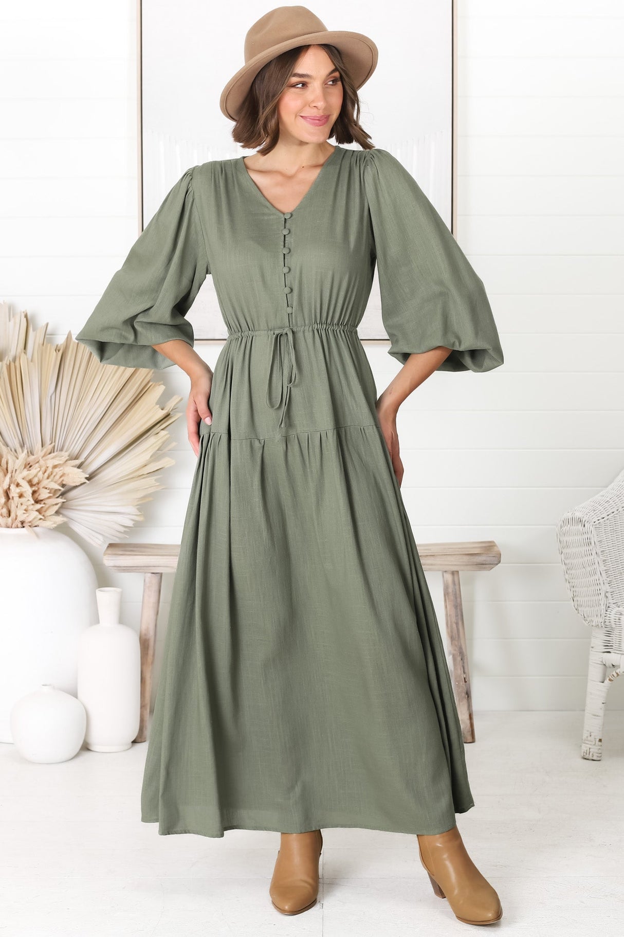 Salma Maxi Dress - Linen Blend Long Sleeve Maxi Dress in Khaki