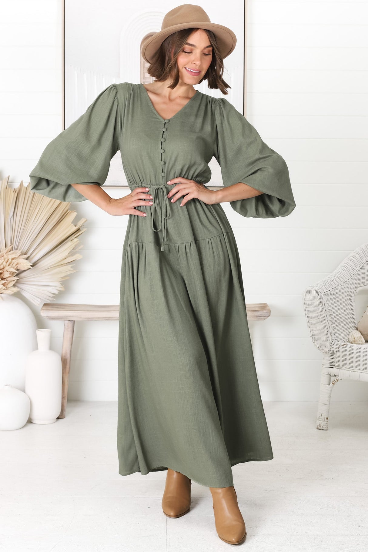 Salma Maxi Dress - Linen Blend Long Sleeve Maxi Dress in Khaki