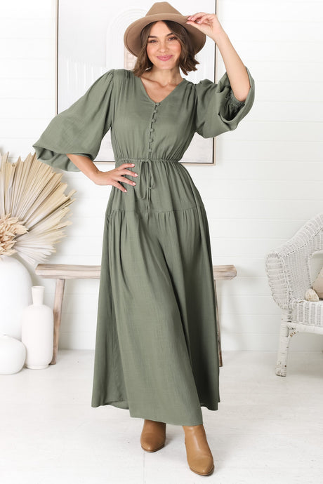 Salma Maxi Dress - Linen Blend Long Sleeve Maxi Dress in Khaki