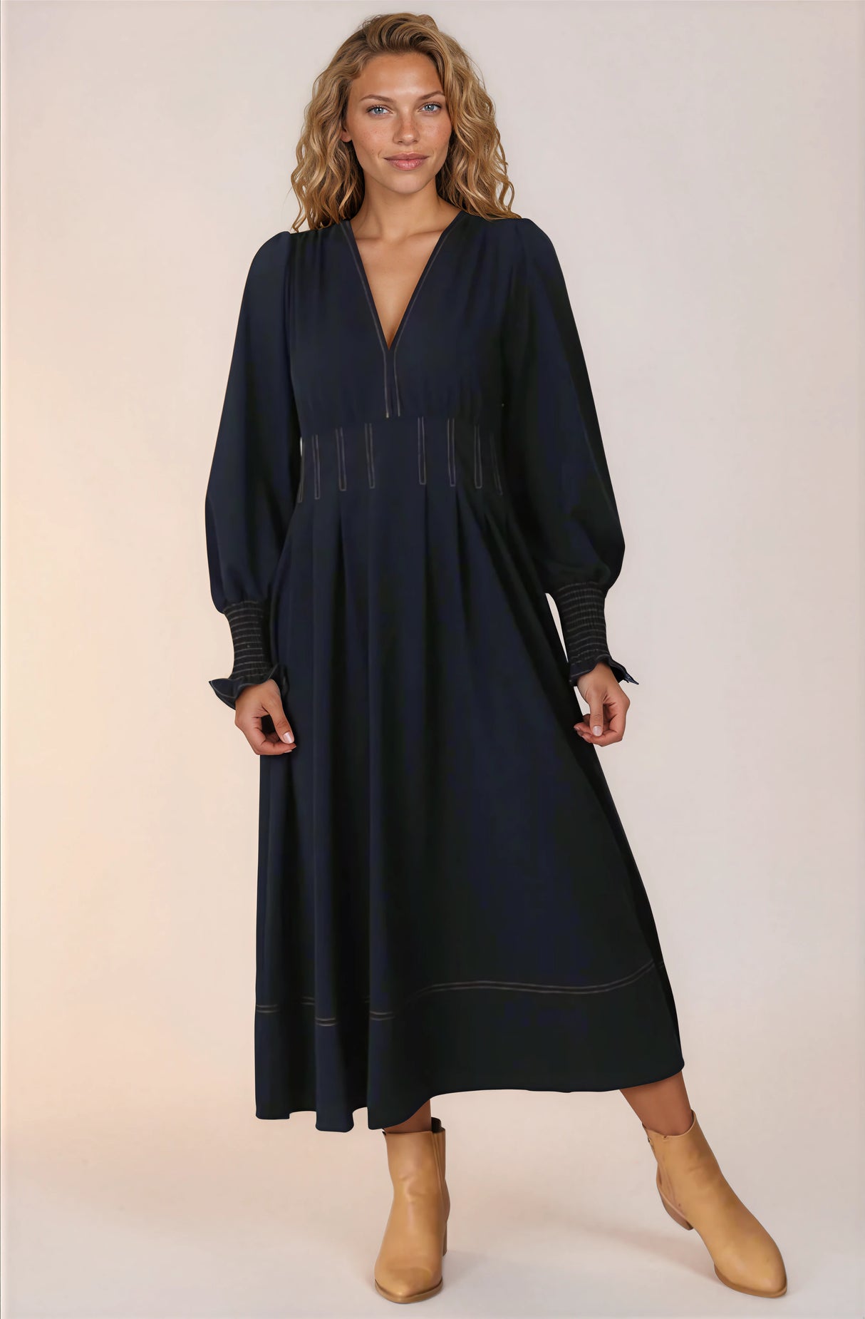 Karey Midi Dress - Dark Denim Fit and Flare Contrast Stitching Midi Dress