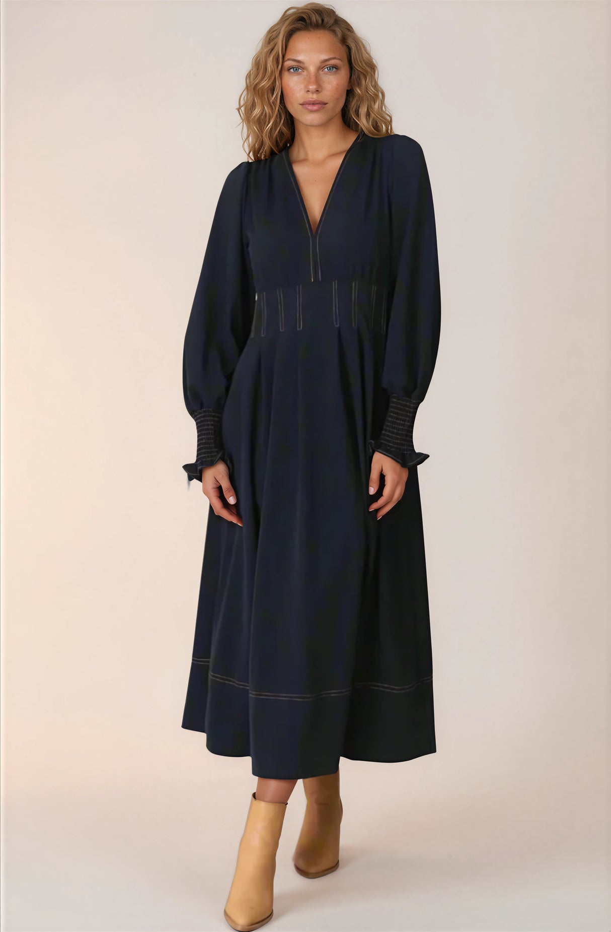 Karey Midi Dress - Dark Denim Fit and Flare Contrast Stitching Midi Dress