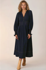 Karey Midi Dress - Dark Denim Fit and Flare Contrast Stitching Midi Dress