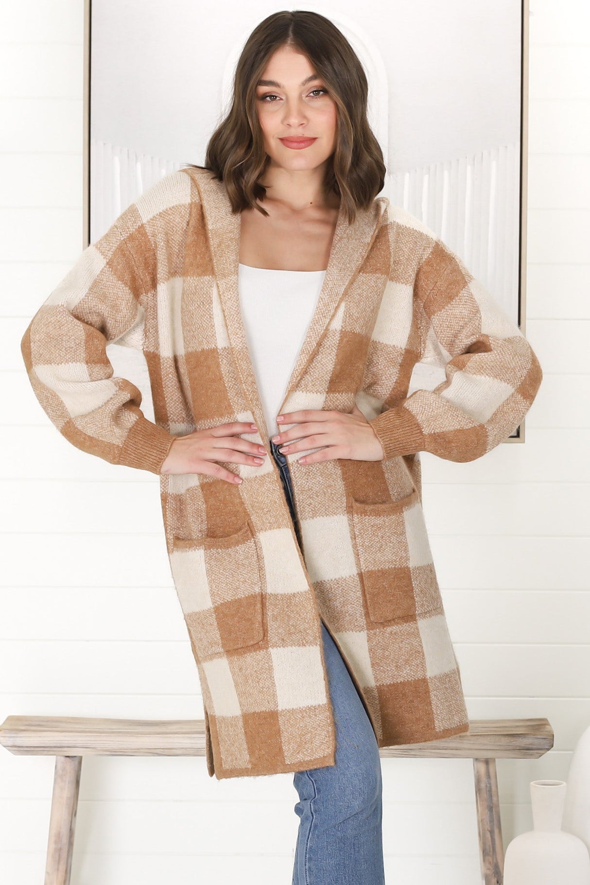 Nowel Cardigan - Hooded Checkered Cardigan with Pockets in Caramel