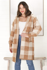 Nowel Cardigan - Hooded Checkered Cardigan with Pockets in Caramel