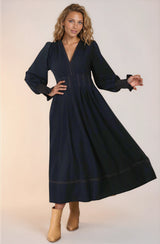 Karey Midi Dress - Dark Denim Fit and Flare Contrast Stitching Midi Dress