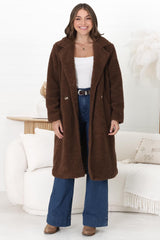 Rooney Coat - Lapel Collared Long Teddy Coat in Brown