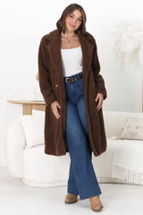 Rooney Coat - Lapel Collared Long Teddy Coat in Brown