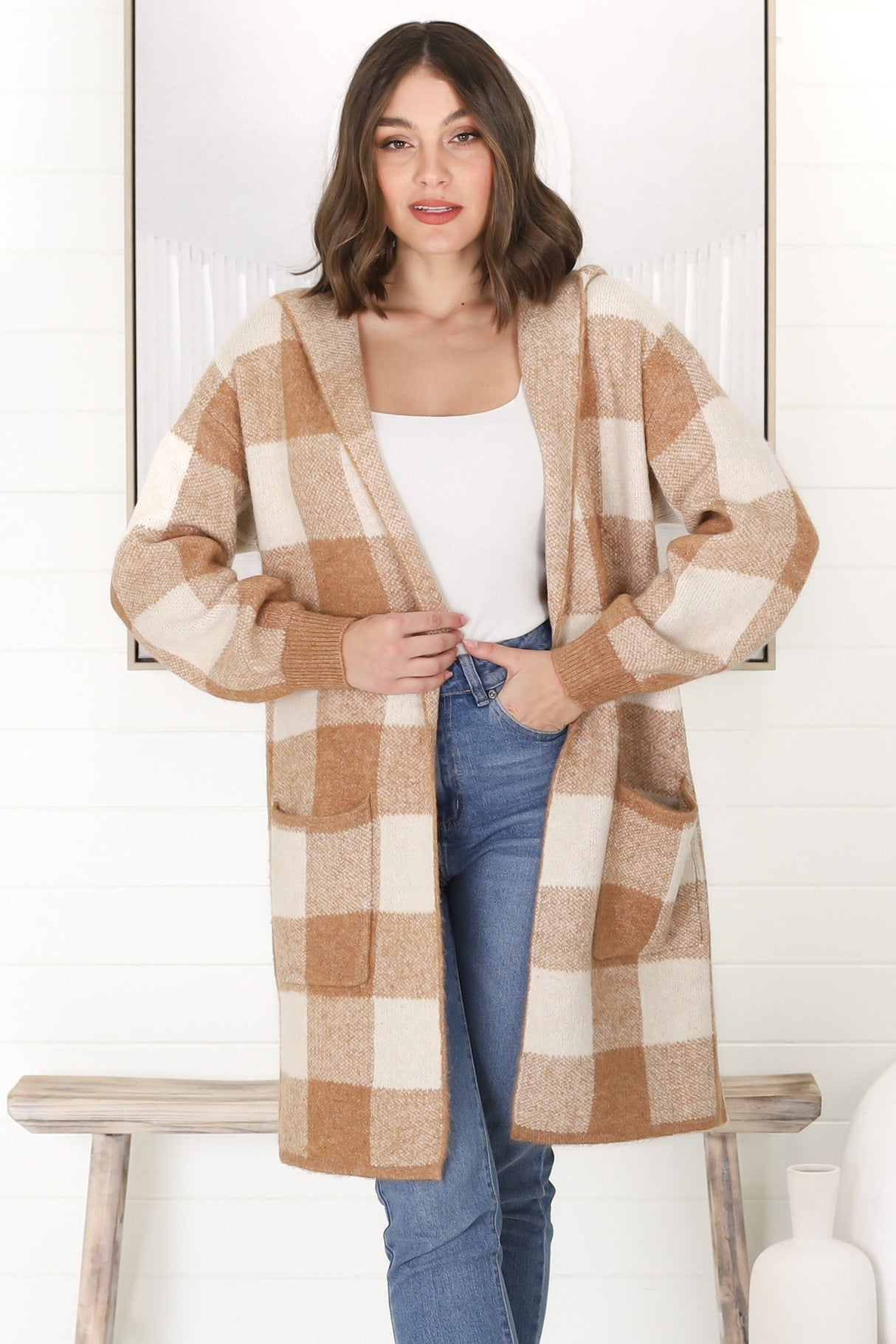 Nowel Cardigan - Hooded Checkered Cardigan with Pockets in Caramel