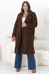 Rooney Coat - Lapel Collared Long Teddy Coat in Brown