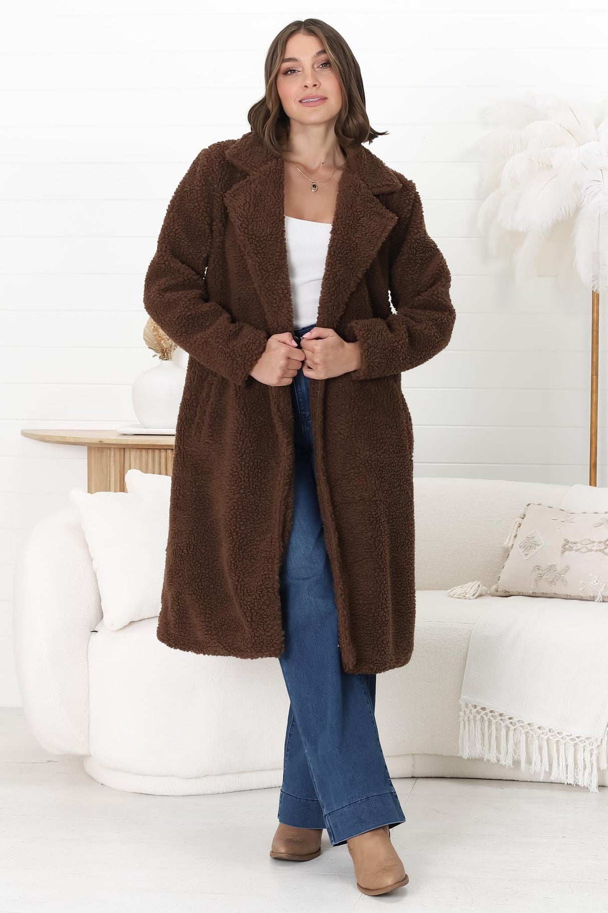 Rooney Coat - Lapel Collared Long Teddy Coat in Brown