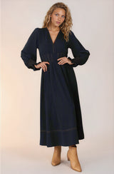 Karey Midi Dress - Dark Denim Fit and Flare Contrast Stitching Midi Dress