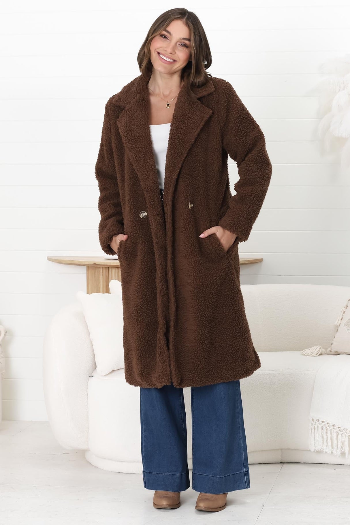 Rooney Coat - Lapel Collared Long Teddy Coat in Brown