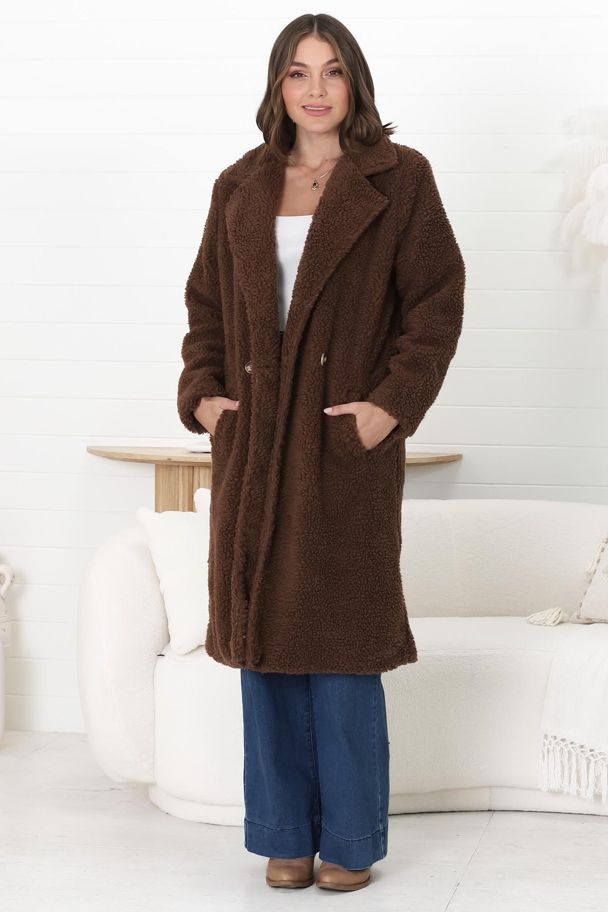 Rooney Coat - Lapel Collared Long Teddy Coat in Brown