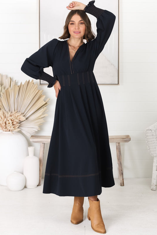 Karey Midi Dress - Dark Denim Fit and Flare Contrast Stitching Midi Dress