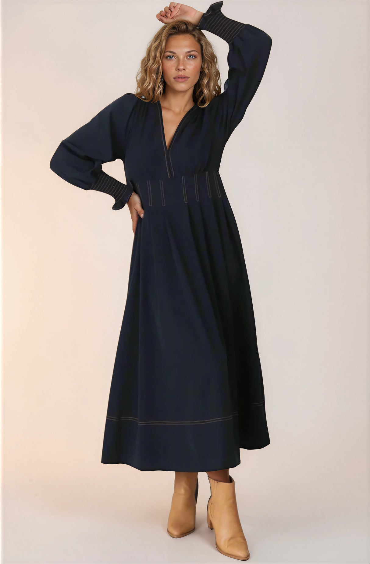 Karey Midi Dress - Dark Denim Fit and Flare Contrast Stitching Midi Dress